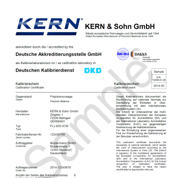 DAkkS-Kalibrierschein Analyse- und Feinwaagen &uuml;ber 5...